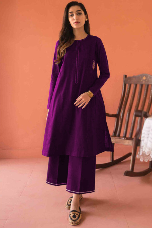 Plain Cotton Silk Purple Palazzo Suit