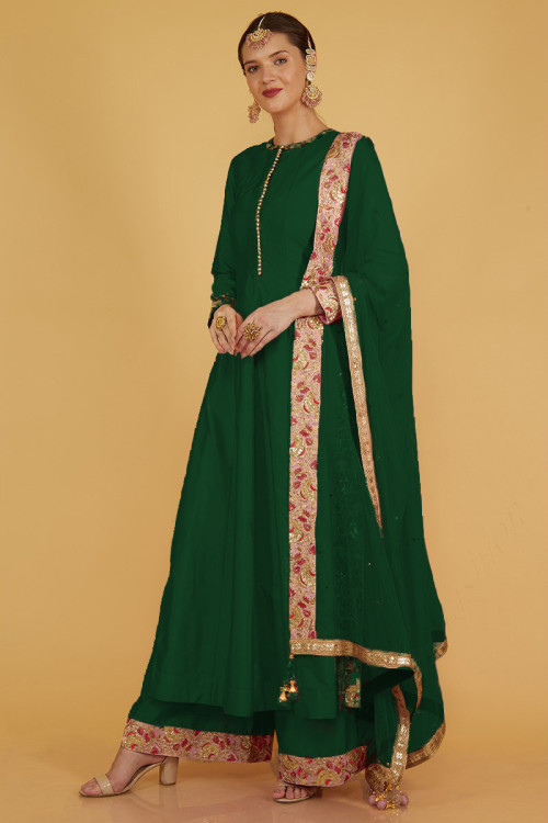 Bottle Green Silk Plain Festive Wear Eid Trouser Suit