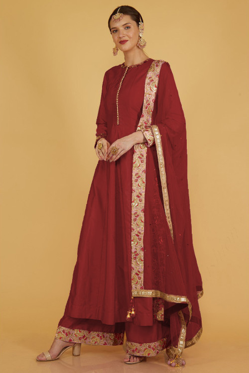 Deep Red Silk Plain Festive Wear Eid Trouser Suit