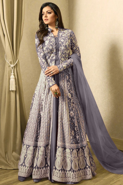 Bluish Grey Floor Length Eid Wear Anarkali Suit in Santoon