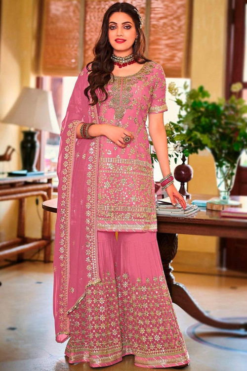 Georgette Blush Pink Beads Embroidered Wedding Wear Sharara Suit