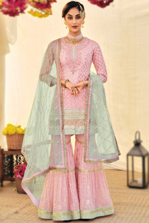 Carnation Pink Georgette Embroidered Sharara Suit