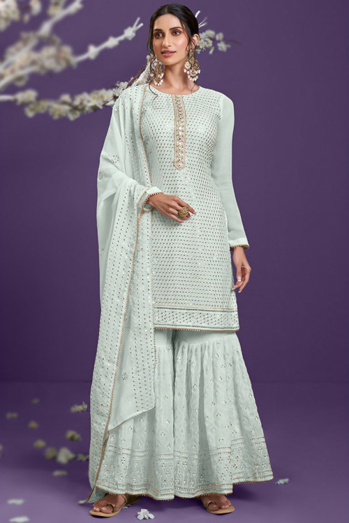 Mint Blue Georgette Embroidered Sharara Suit