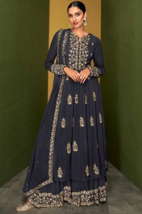 Navy Blue Party Wear Zari Embroidered Sharara Suit in Georgette