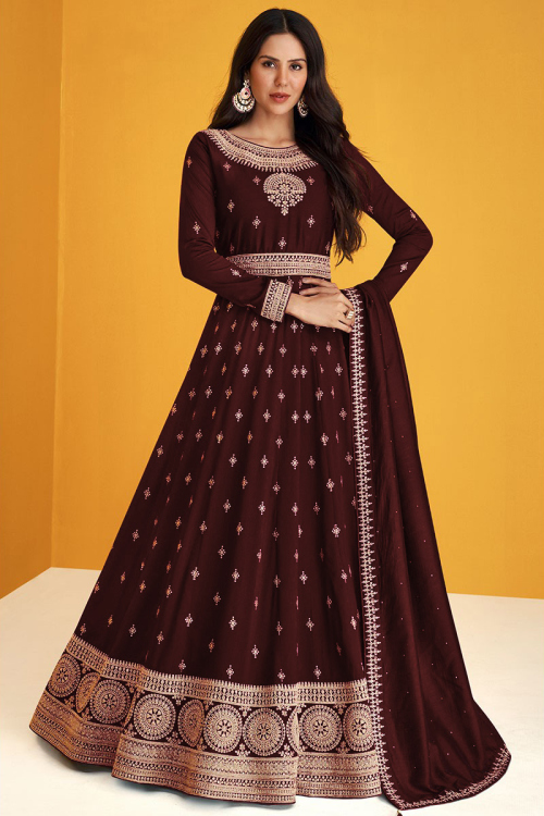 Dark Maroon Georgette Embroidered Wedding Anarkali Suit
