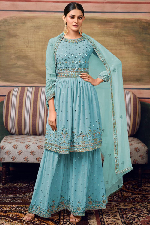 Greenish Grey Frock Style Georgette Embroidered Sharara Suit LSTV123492-hangkhonggiare.com.vn