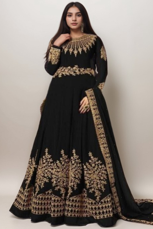 Embroidered Georgette Dark Black Plus Size Anarkali Suit with Churidar