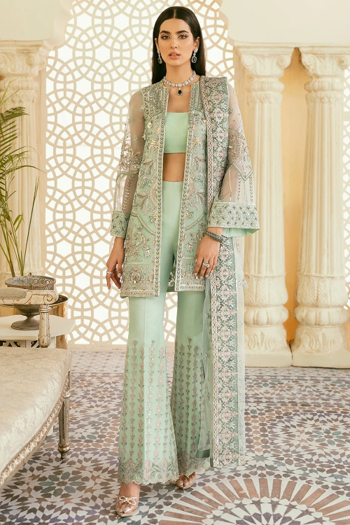 Embroidered Georgette Mint Green Jacket Style Suit for Wedding & Party