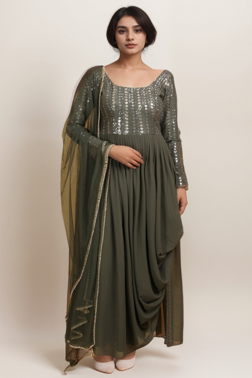 Army Green Georgette Plus Size Embroidered Indo-Western Gown