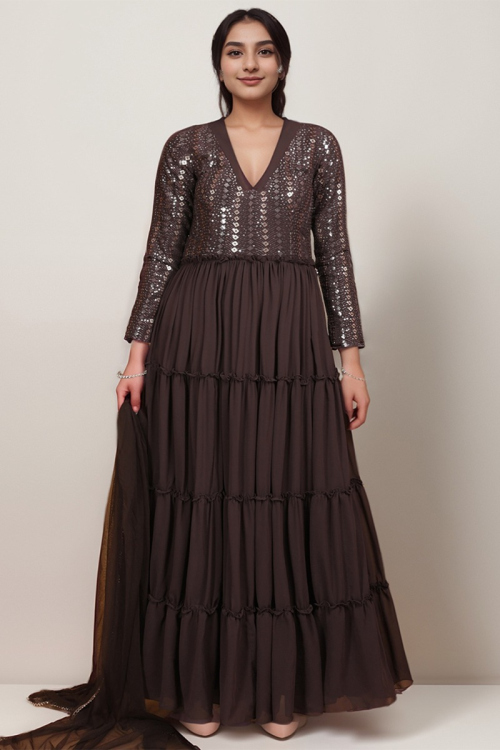 Fancy Georgette Mauve Taupe Plus Size Anarkali Suit for Wedding & Party