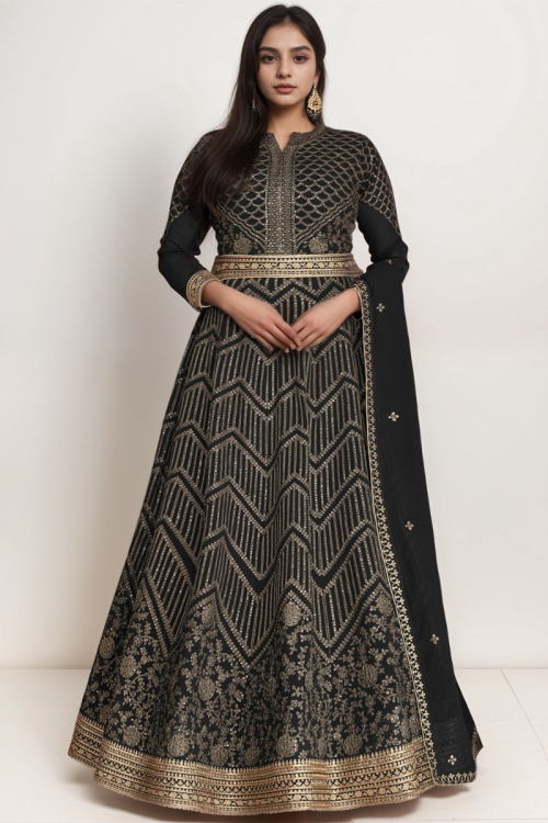 Georgette Plus Size Black Lace Embroidered Anarkali Suit for Wedding Party