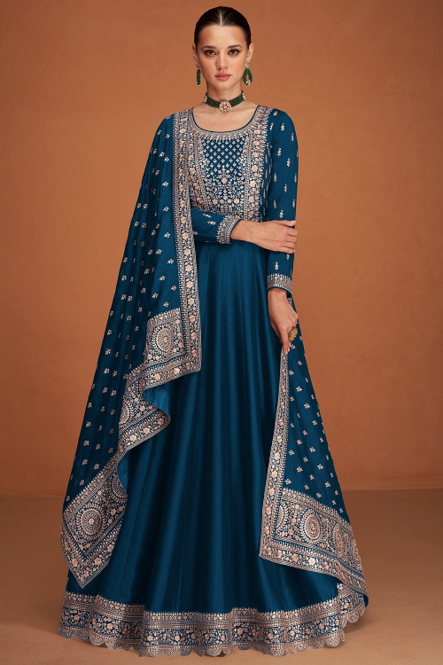 Sequins Embroidered Peacock Blue Silk A Line Wedding Anarkali Suit