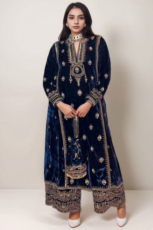 Velvet Dark Blue Zari Embroidered Straight Cut Plus Size Trouser Suit for Wedding & Party