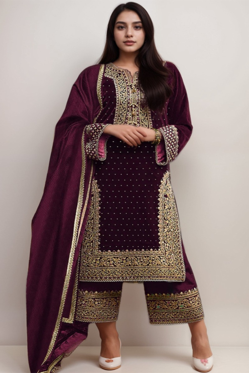 Plus Size Velvet Dark Purple Embroidered Straight Cut Palazzo Suit