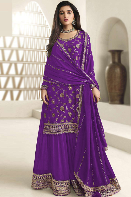 Plum Purple Weaved Zari Chinnon Sharara Suit for Wedding & Party