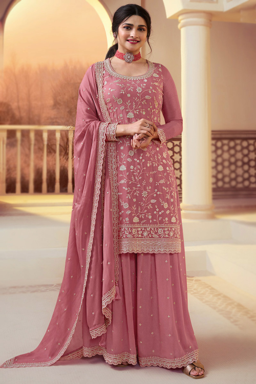Salmon Pink Chinnon Embroidered Straight Cut Sharara Suit