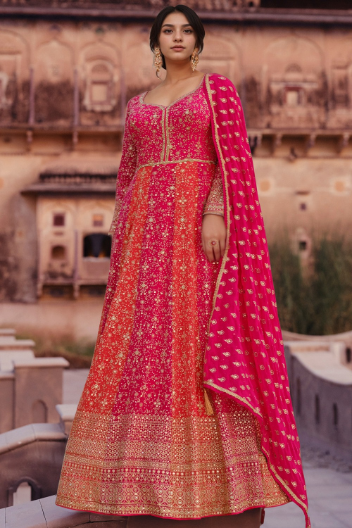 Ruby Pink Zari Embroidered Large Size Anarkali Suit in Georgette