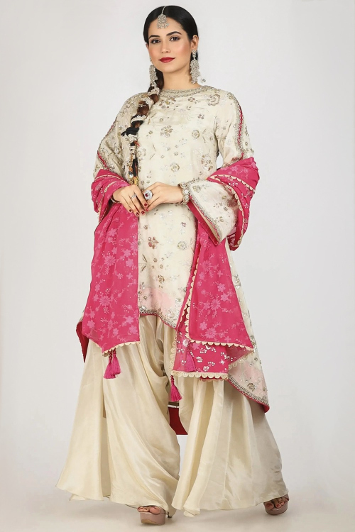 Tissue Cream Beige Embroidered High Low Style Western Palazzo Suit