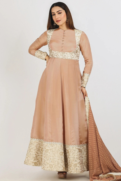 Peach Dori Embroidered Tissue Anarkali Suit
