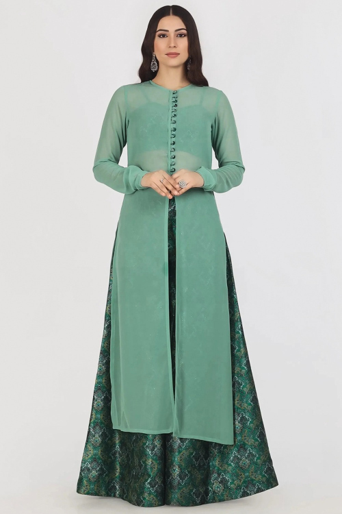 Teal Green Silk Weaved Thread Jacket Style Palazzo Suit 