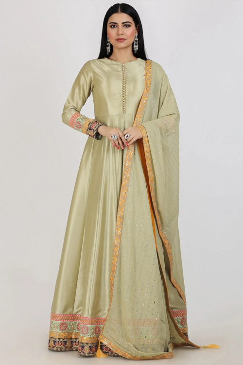 Pistachio Green Silk Lace Embroidered A Line Anarkali Suit 