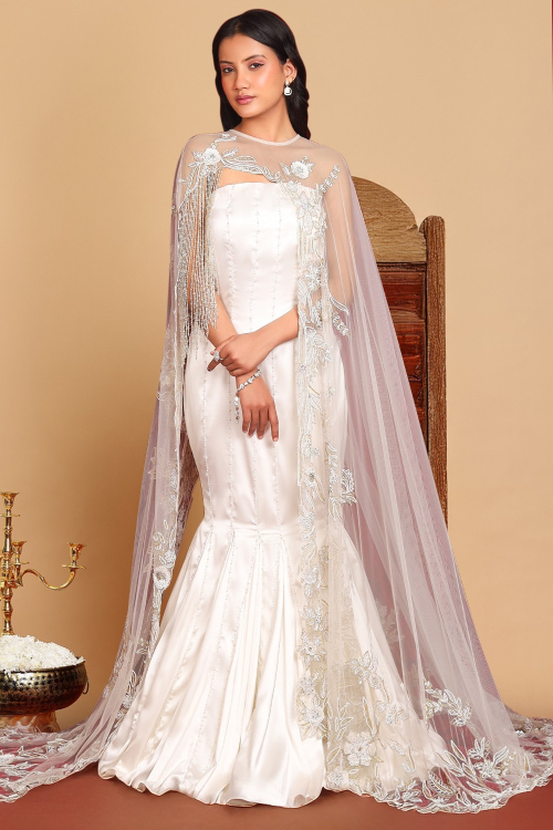 White Satin Indo- Western Style Designer Gown With Embroidered Cape