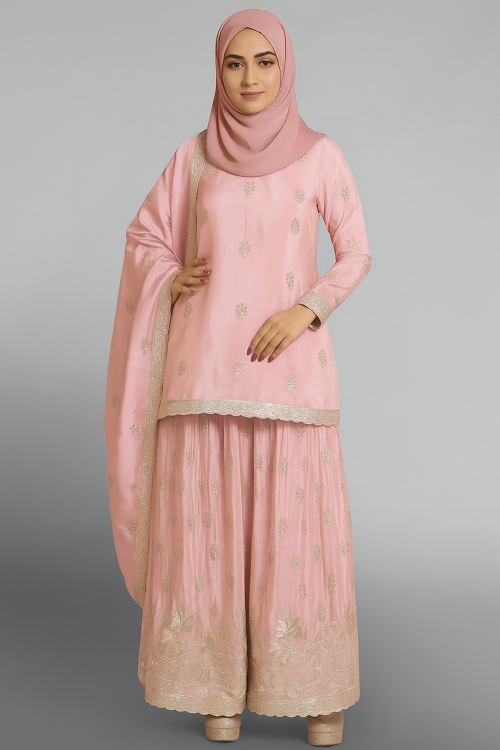 Pastel Pink Shimmer Organza Embroidered Straight Cut Palazzo Suit With Hijab