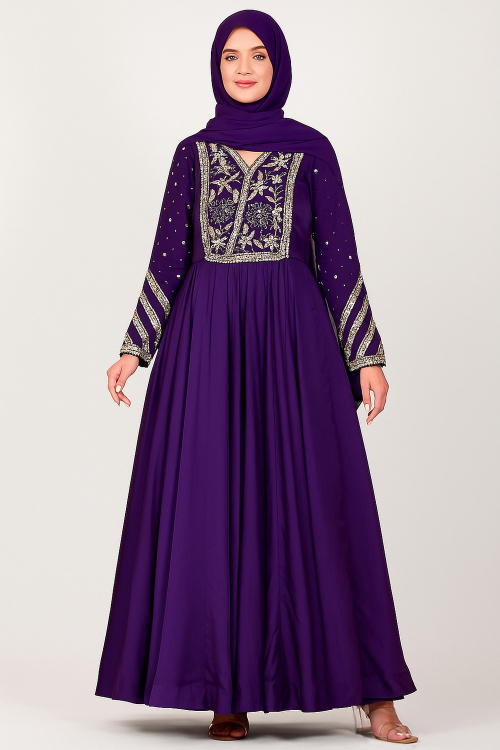 Meher Royal Purple Hand Embroidered silk Anarkali Set with hijab