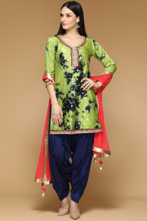 Dupion Patiala Suit In Green Color for Eid