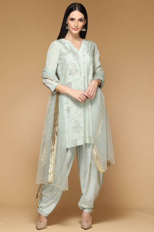 Pale Green Georgette Eid Patiala Suit With Mukaish Work