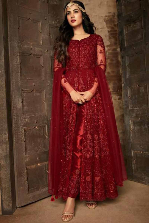 Net Anarkali Suit In Ruby Red Color