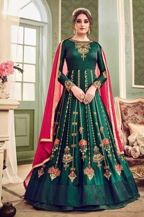 Bottle Green and Red Zari Work Banarasi Silk Gown  Gajiwala
