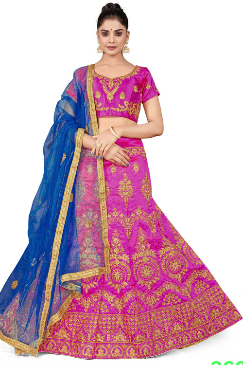 Magenta Pink Art Silk Embroidered Paneled Style Lehenga choli 