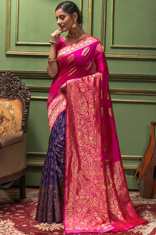 Magenta Pink And Purple Art Silk Wedding Wear Saree