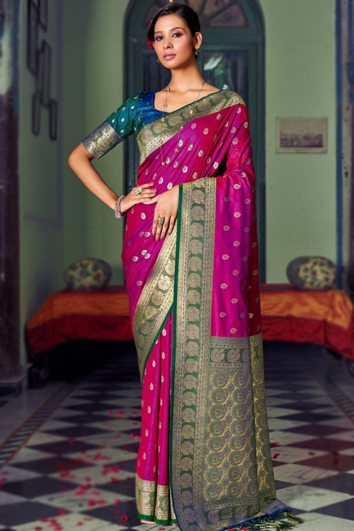 Magenta Pink Banarasi Silk Woven Zari Broad Border Saree 