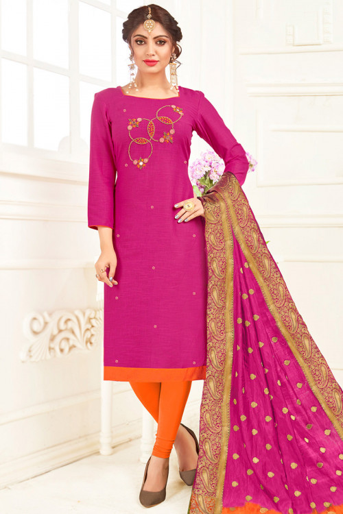 Magenta Pink Cotton Embroidered Casual Wear Churidar Suit