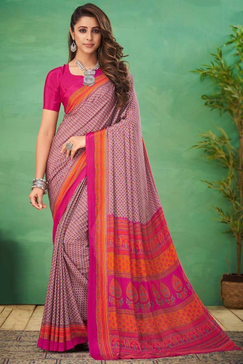 Crepe Magenta Pink Casual Wear Saree with Printed