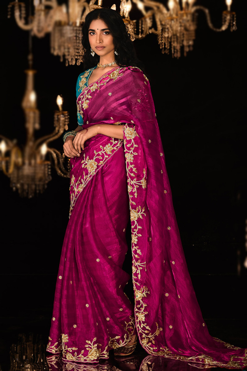 Magenta Pink Dori Embroidered Chiffon Shimmer Saree 