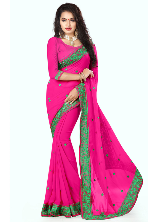 Party Wear Resham Embroidered Saree in Georgette Magenta Pink