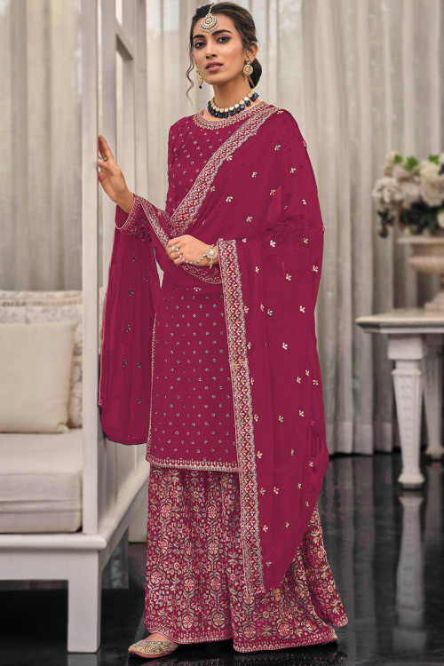 Magenta Pink Georgette Sequins Embroidered Sharara Suit