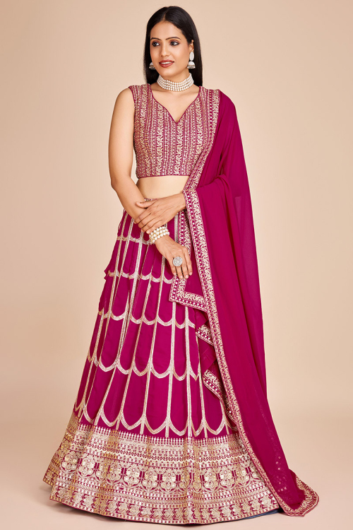 Magenta Pink Georgette Zari Embroidered Panelled Style Lehenga