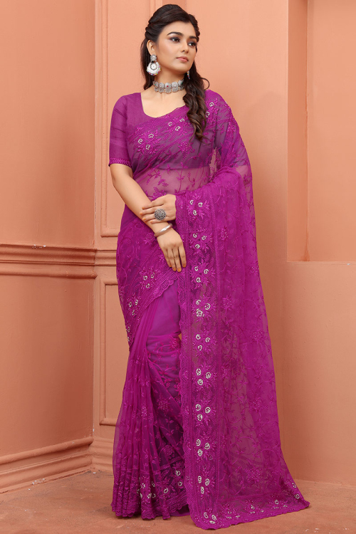 Magenta Pink Net Embroidered Saree