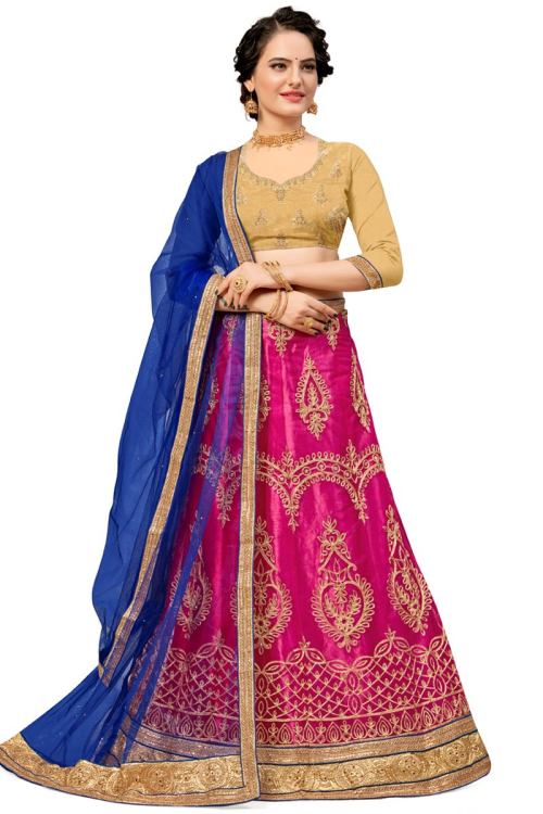 Magenta Pink Net Embroidered Wedding Wear Lehenga