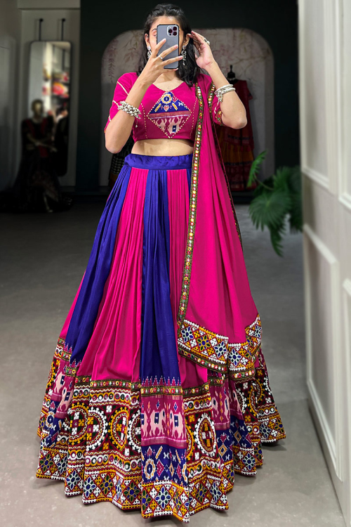 Magenta Pink Rayon Printed Panelled Style Chaniya Choli