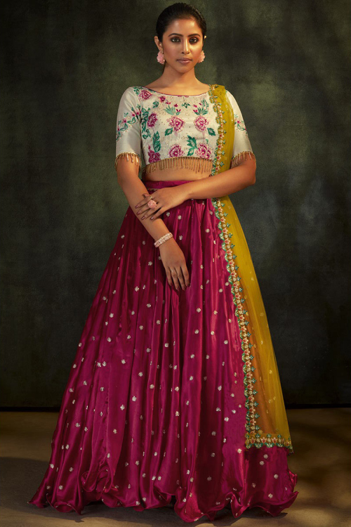 Magenta Pink Satin Embroidered Lehenga