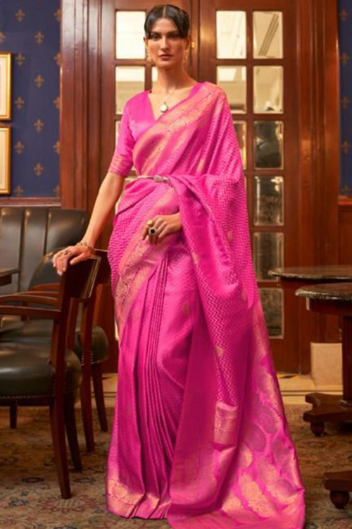 Magenta Pink Satin Silk Woven Zari Saree