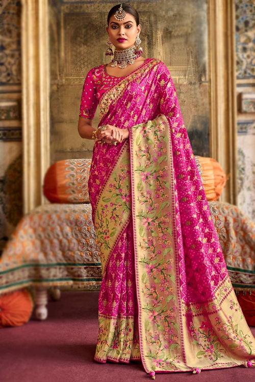 Saree in Magenta Pink Silk for Party Wear with Mirror embroidery