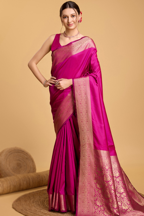 Magenta Pink Silk Saree with Zari Woven Broad Border