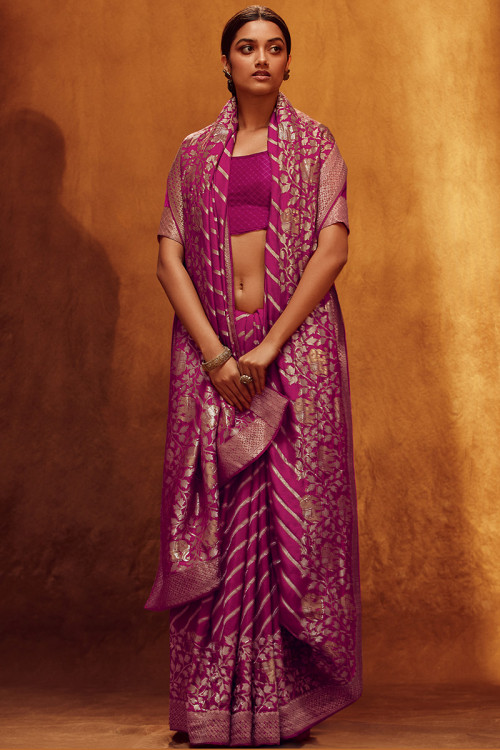 Magenta Pink Woven Zari Viscose Silk Light Weight Saree 