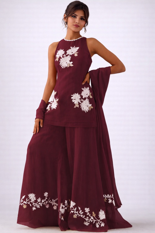 Maroon Dori Embroidered Organza Sharara Suit For Women